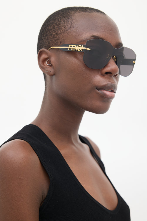 Fendi Black & Gold Fendigraphy Shield Sunglasses