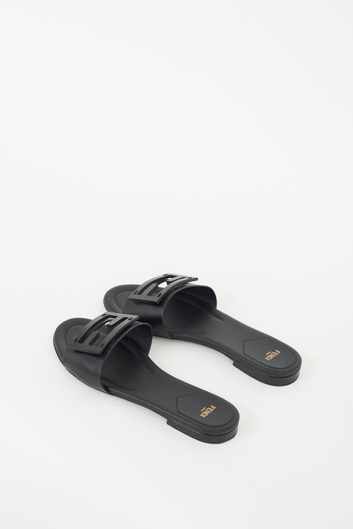 Fendi Black Leather FF Baguette Slide