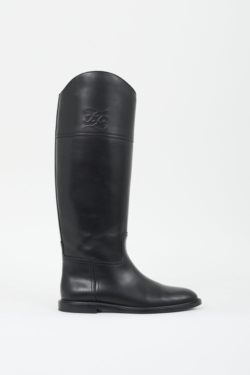 Fendi Black Leather Logo Riding Boot