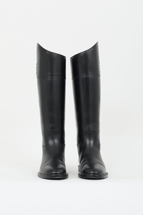 Fendi Black Leather Logo Riding Boot