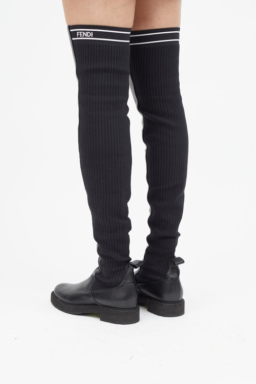 Fendi Black Leather & Ribbed Thigh High Boot