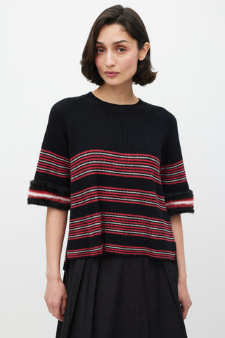 Fendi Black & Multicolour Striped Fur Trim Knit Sweater