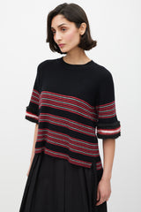 Fendi Black & Multicolour Striped Fur Trim Knit Sweater