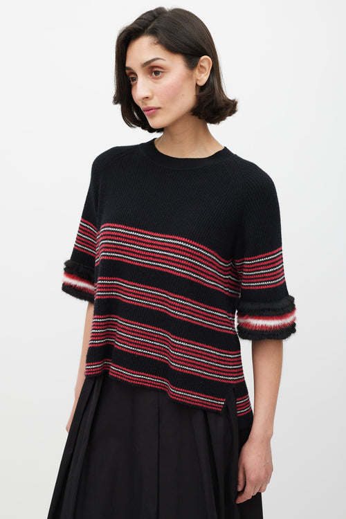 Fendi Black & Multicolour Striped Fur Trim Knit Sweater