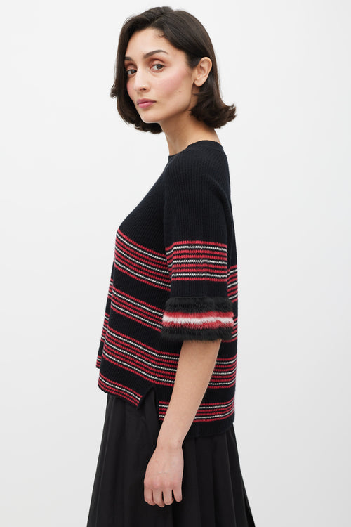 Fendi Black & Multicolour Striped Fur Trim Knit Sweater