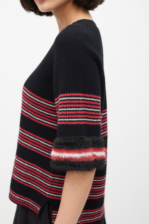 Fendi Black & Multicolour Striped Fur Trim Knit Sweater
