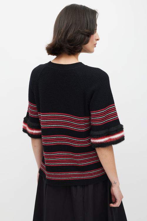 Fendi Black & Multicolour Striped Fur Trim Knit Sweater
