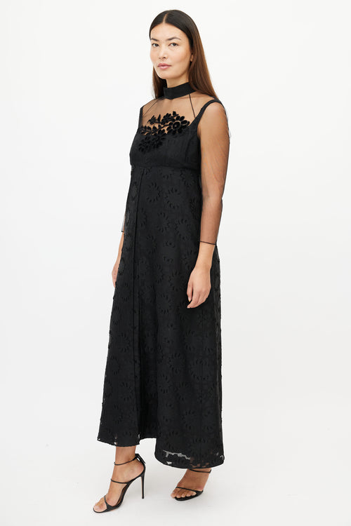 Fendi Black Sheer Floral Embroidered  Dress