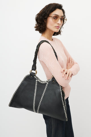 Fendi Black & White Diavolo Trapezio Leather Braided Bag