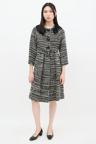 Fendi Black & White Wool Woven Fur Trim Coat
