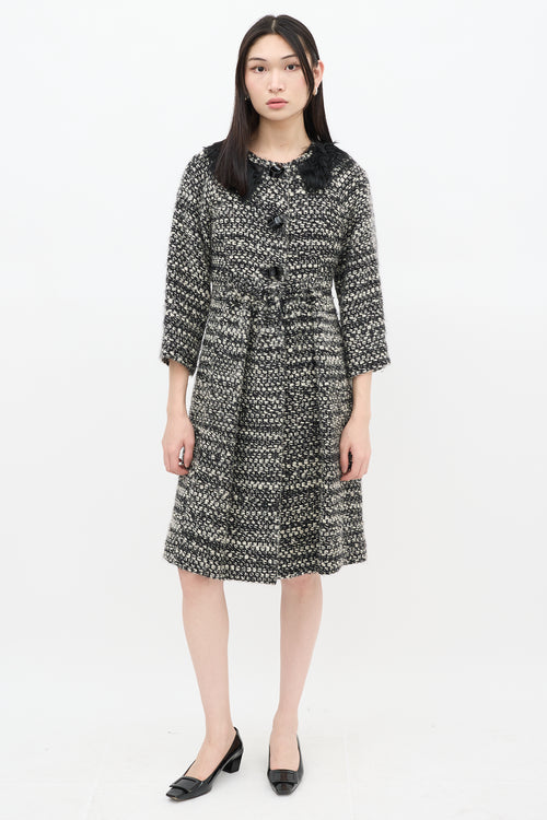 Fendi Black & White Wool Woven Fur Trim Coat