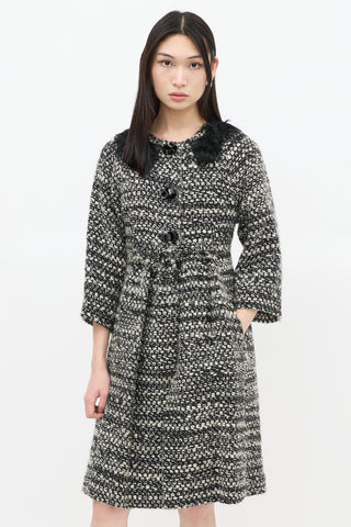 Fendi Black & White Wool Woven Fur Trim Coat