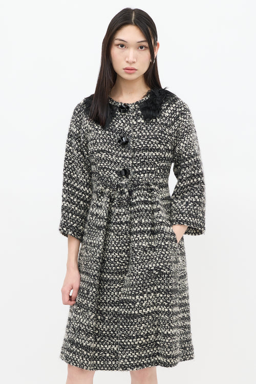 Fendi Black & White Wool Woven Fur Trim Coat