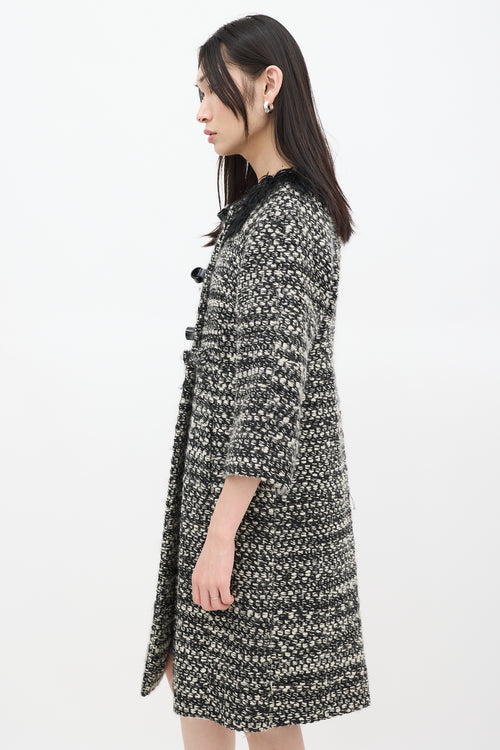 Fendi Black & White Wool Woven Fur Trim Coat