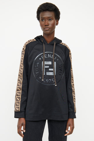 Fendi Black & Brown FF Tape Logo Long Sleeve Hoodie