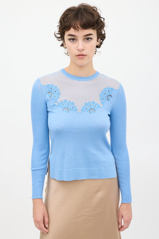 Fendi Blue Silk Knit Sheer Floral Top
