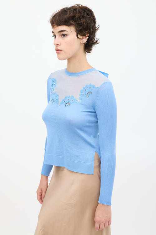 Fendi Blue Silk Knit Sheer Floral Top