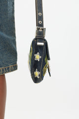 Fendi Blue & Multi Floral Mesh Baguette Shoulder Bag