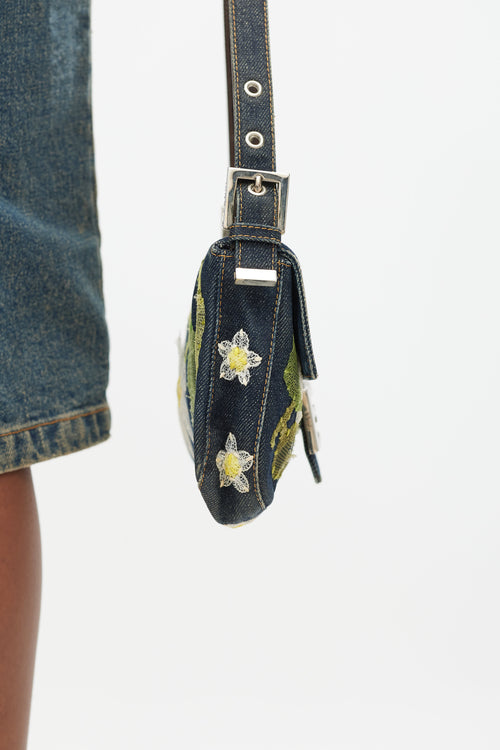 Fendi Blue & Multi Floral Mesh Baguette Shoulder Bag
