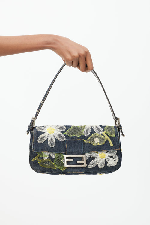 Fendi Blue & Multi Floral Mesh Baguette Shoulder Bag