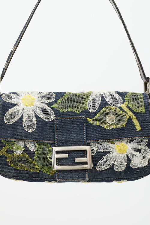 Fendi Blue & Multi Floral Mesh Baguette Shoulder Bag