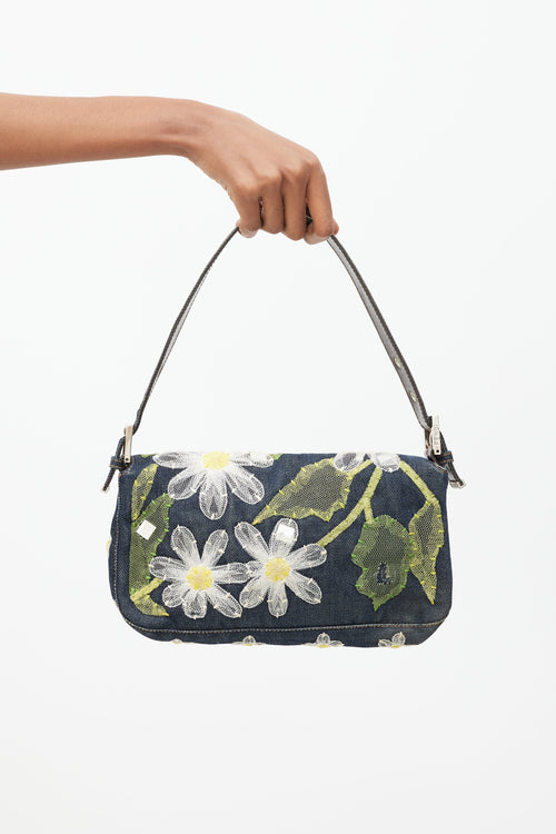Fendi Blue & Multi Floral Mesh Baguette Shoulder Bag