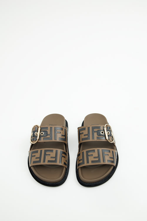 Fendi Brown & Black FF Leather Buckle Sandal