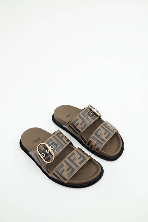 Fendi Brown & Black FF Leather Buckle Sandal