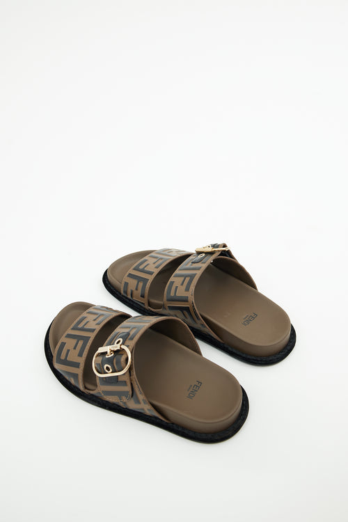 Fendi Brown & Black FF Leather Buckle Sandal