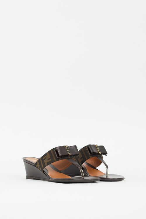 Fendi Brown Leather Zucca T-strap Wedge Sandal