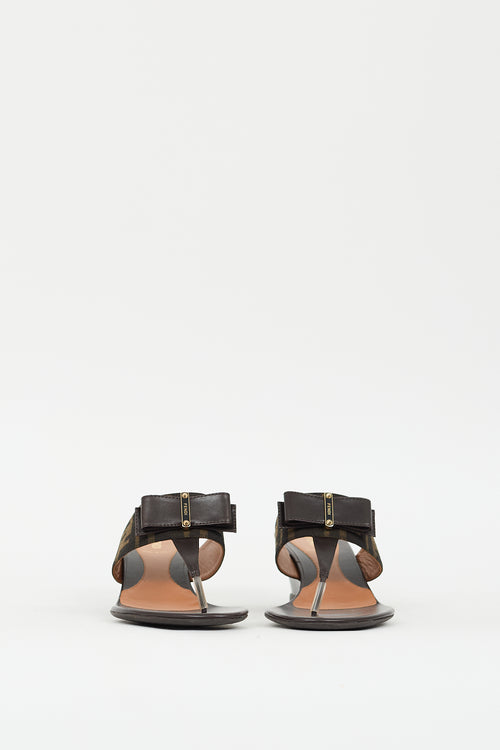 Fendi Brown Leather Zucca T-strap Wedge Sandal