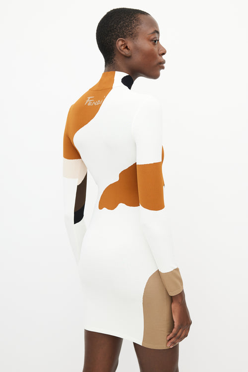 Fendi Cream & Multi Face Knit Turtleneck Dress