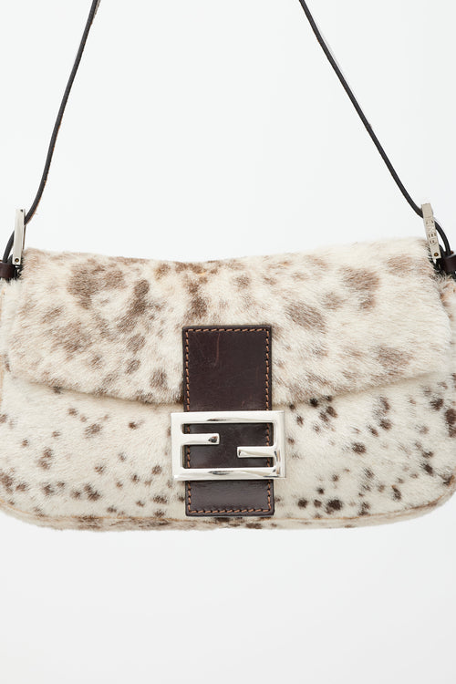 Fendi Cream & Brown Printed Fur Baguette Bag
