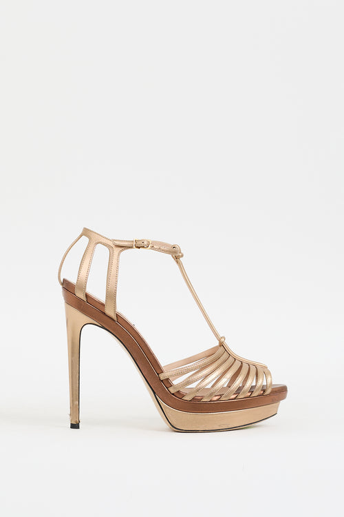 Fendi Gold & Brown Leather Strappy Platform Heel