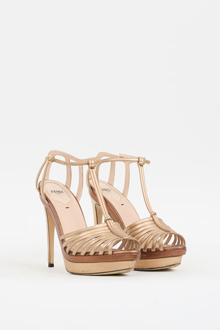 Fendi Gold & Brown Leather Strappy Platform Heel