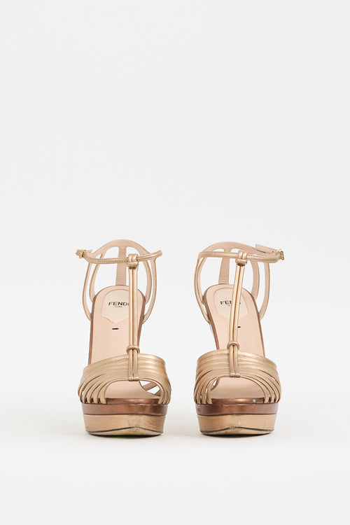 Fendi Gold & Brown Leather Strappy Platform Heel