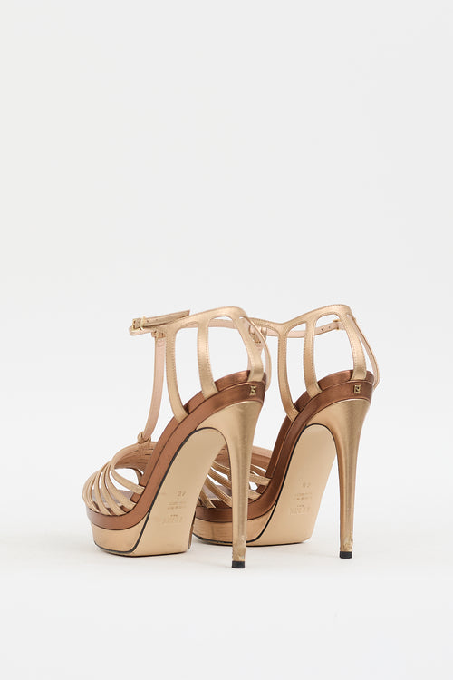 Fendi Gold & Brown Leather Strappy Platform Heel