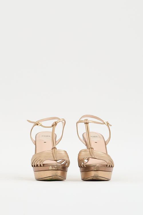 Fendi Gold Leather Strappy Platform Heel