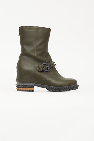 Fendi Green Leather Studded Ankle Wedge Boot