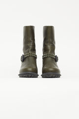 Fendi Green Leather Studded Ankle Wedge Boot