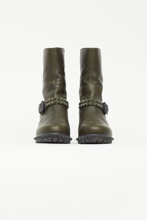 Fendi Green Leather Studded Ankle Wedge Boot