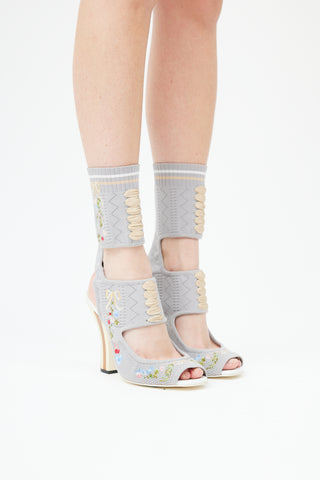 Fendi Grey Floral Embroidered Gladiator Heel