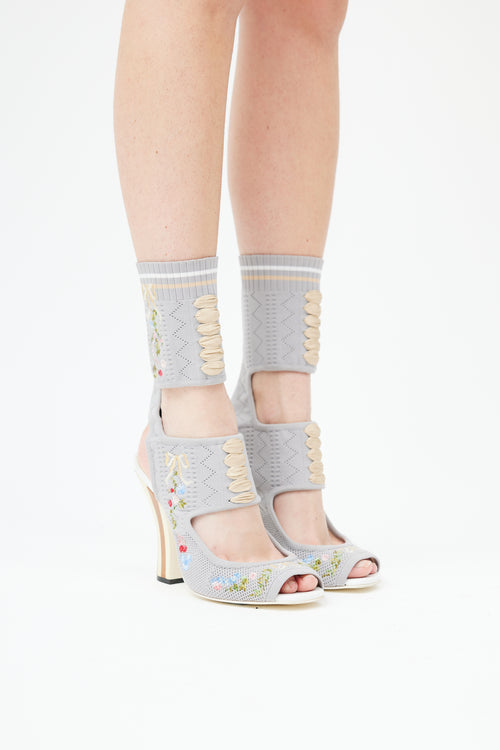 Fendi Grey Floral Embroidered Gladiator Heel