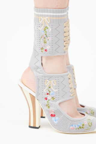  Grey Floral Embroidered Gladiator Heel