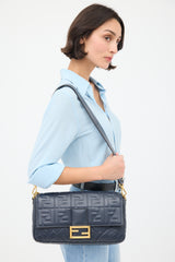 Fendi Navy Blue Leather FF Baguette Shoulder Bag