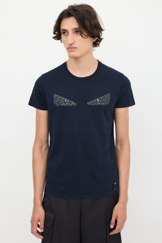 Fendi Navy Cotton Embellished Monster T-Shirt