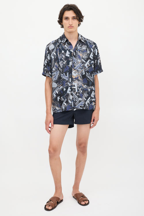 Fendi Navy & Multicolour Silk Fragment Printed Shirt