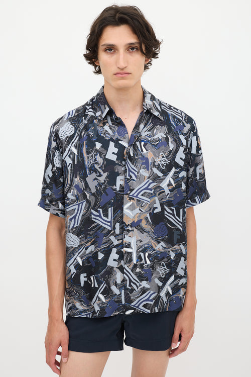 Fendi Navy & Multicolour Silk Fragment Printed Shirt