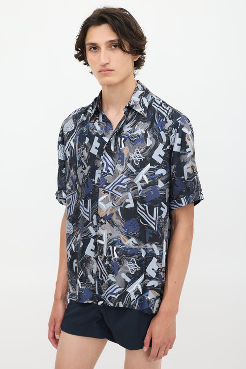 Fendi Navy & Multicolour Silk Fragment Printed Shirt