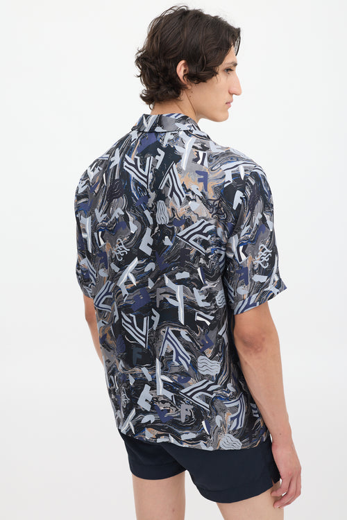 Fendi Navy & Multicolour Silk Fragment Printed Shirt